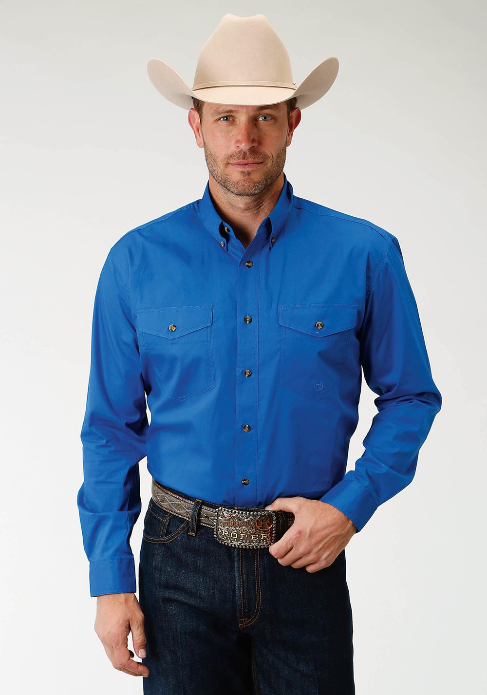 Roper Mens Royal Blue Solid Long Sleeve Western Button Shirt - Roper