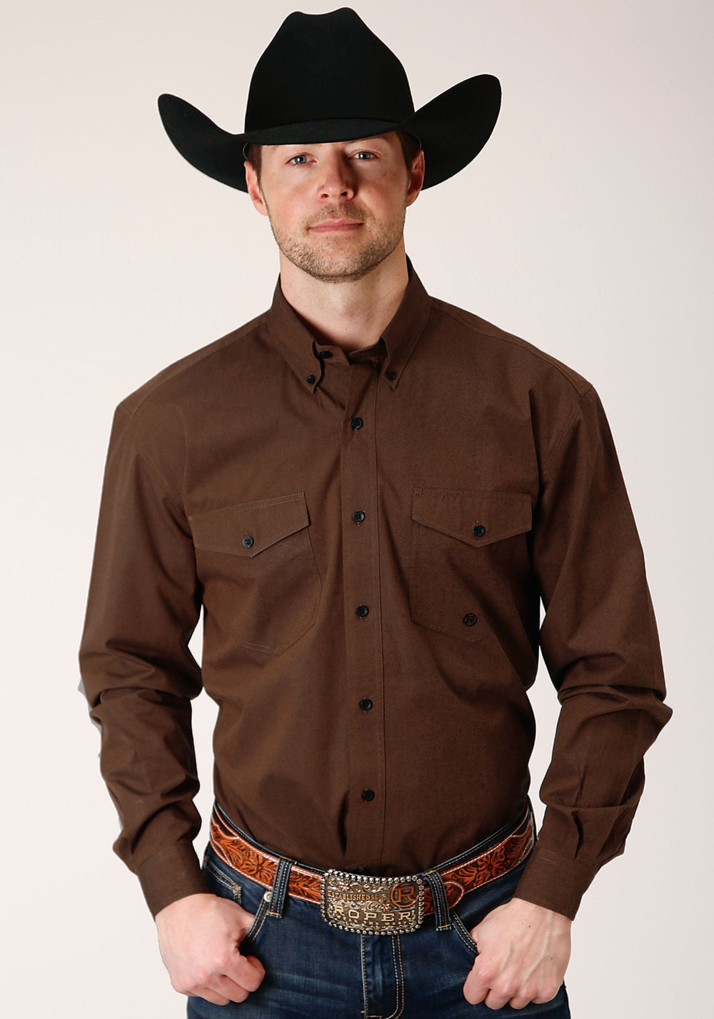 Roper Mens Long Sleeve Button Black Fill Brown Western Shirt - Roper