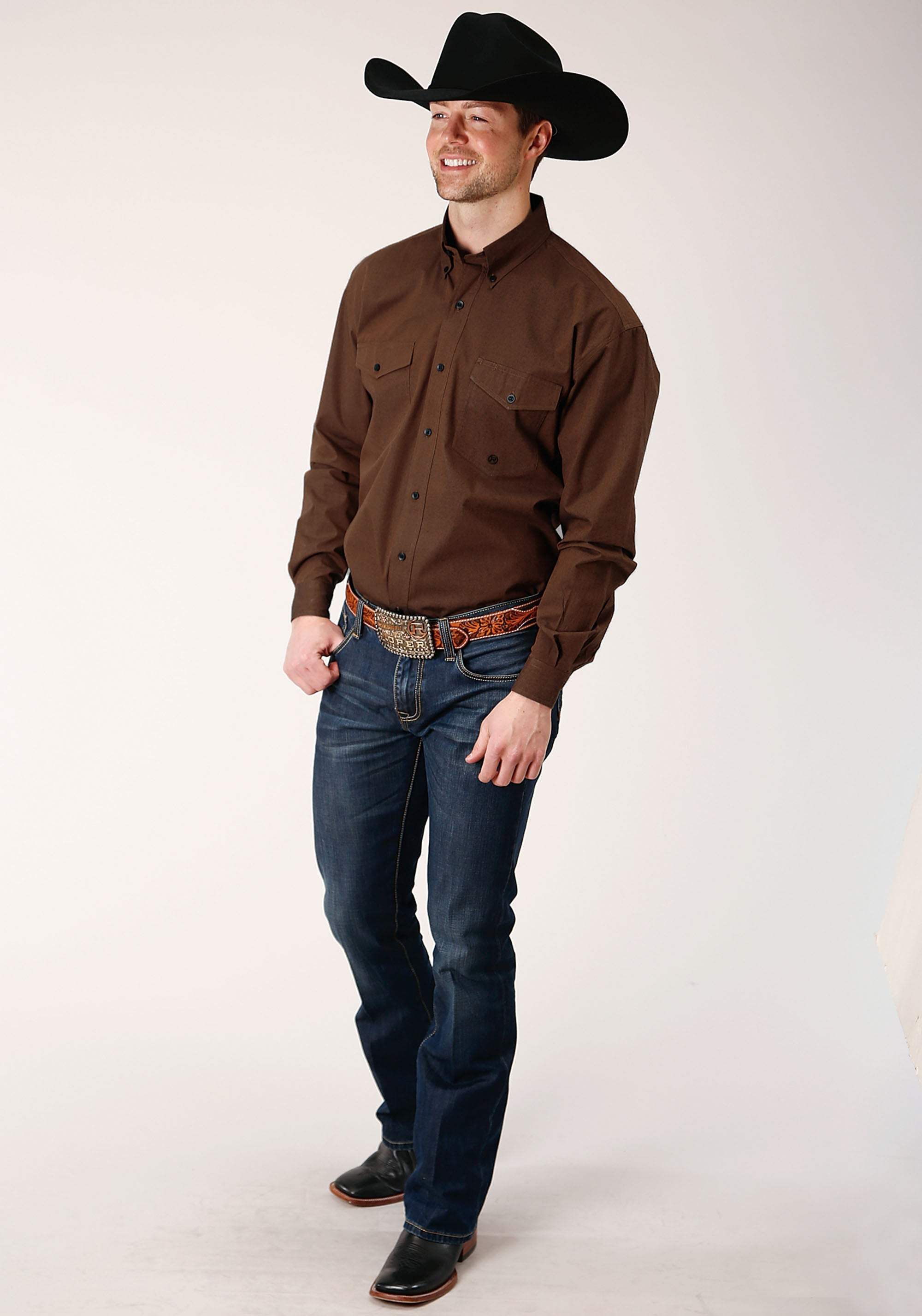 Roper Mens Long Sleeve Button Black Fill Brown Western Shirt - Roper - Flyclothing LLC