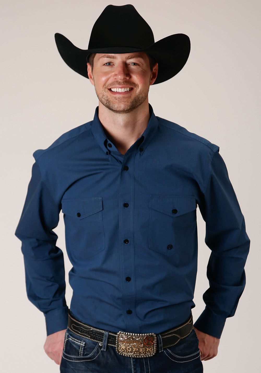 Roper Mens Long Sleeve Button Black Fill Solid Blue Western Shirt - Roper