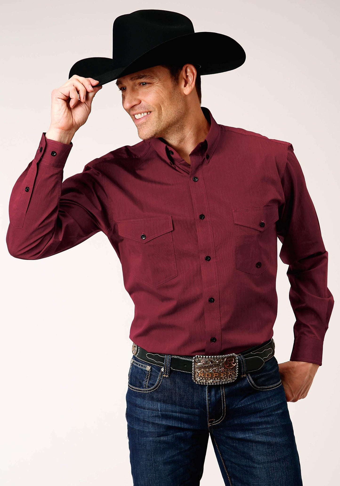 Roper Mens Long Sleeve Button Black Fill Solid Wine Western Shirt - Roper - Flyclothing LLC