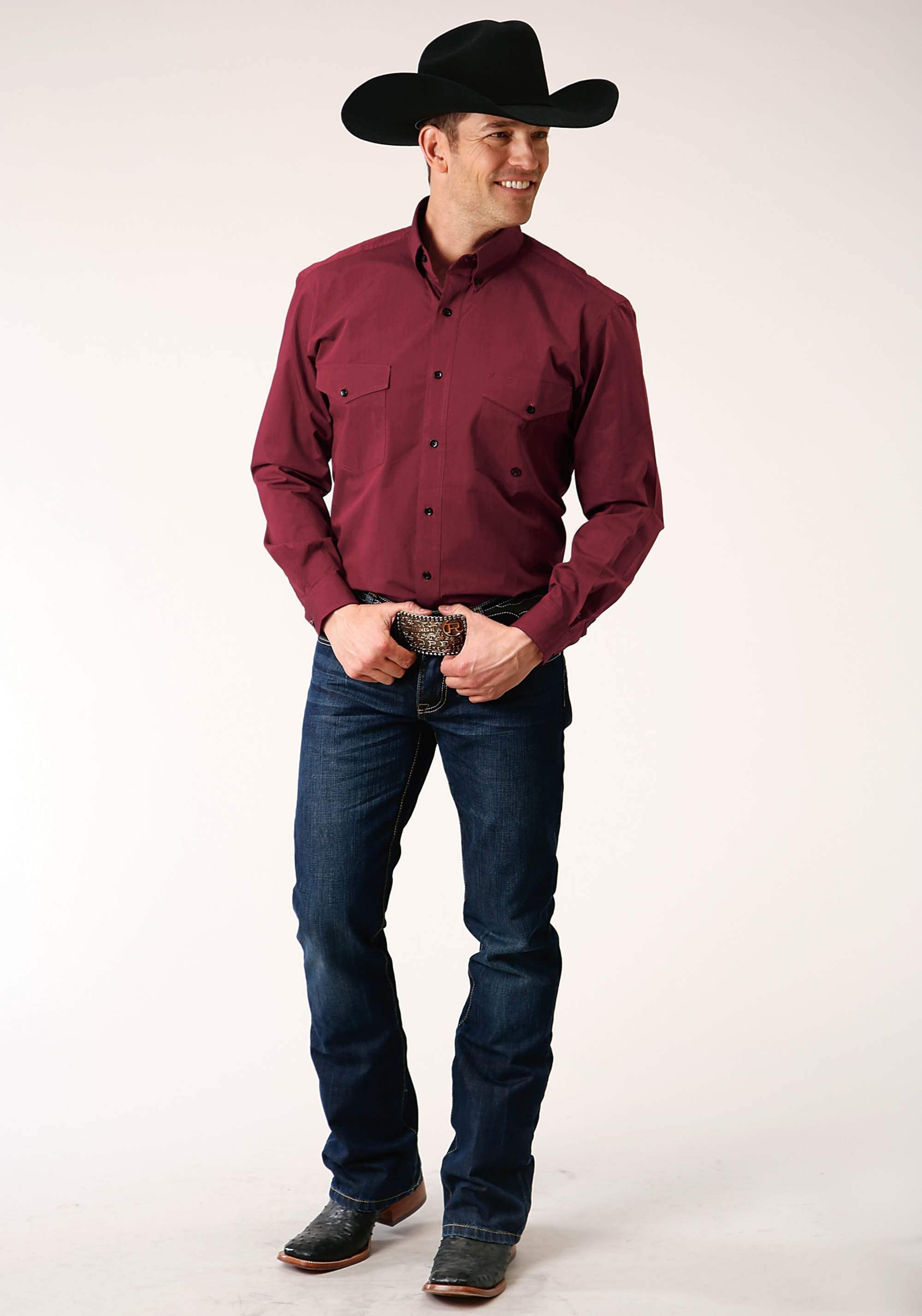 Roper Mens Long Sleeve Button Black Fill Solid Wine Western Shirt - Roper - Flyclothing LLC