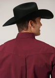 Roper Mens Long Sleeve Button Black Fill Solid Wine Western Shirt - Roper
