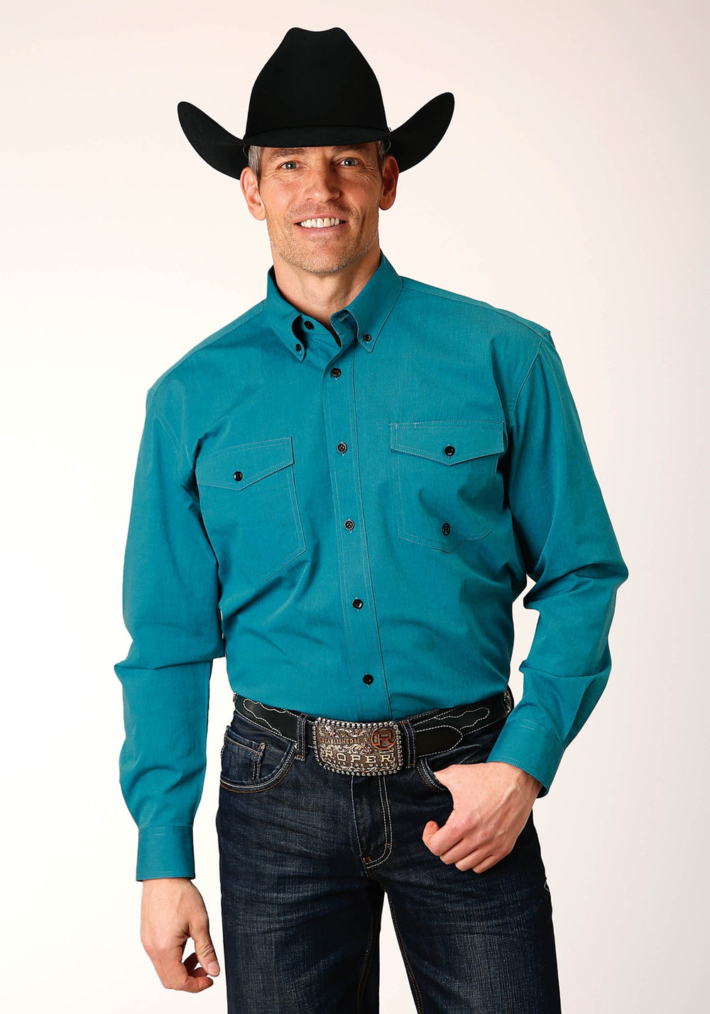 Roper Mens Long Sleeve Button Black Fill Solid Teal Western Shirt - Roper