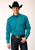 Roper Mens Long Sleeve Button Black Fill Solid Teal Western Shirt - Roper