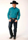 Roper Mens Long Sleeve Button Black Fill Solid Teal Western Shirt - Roper