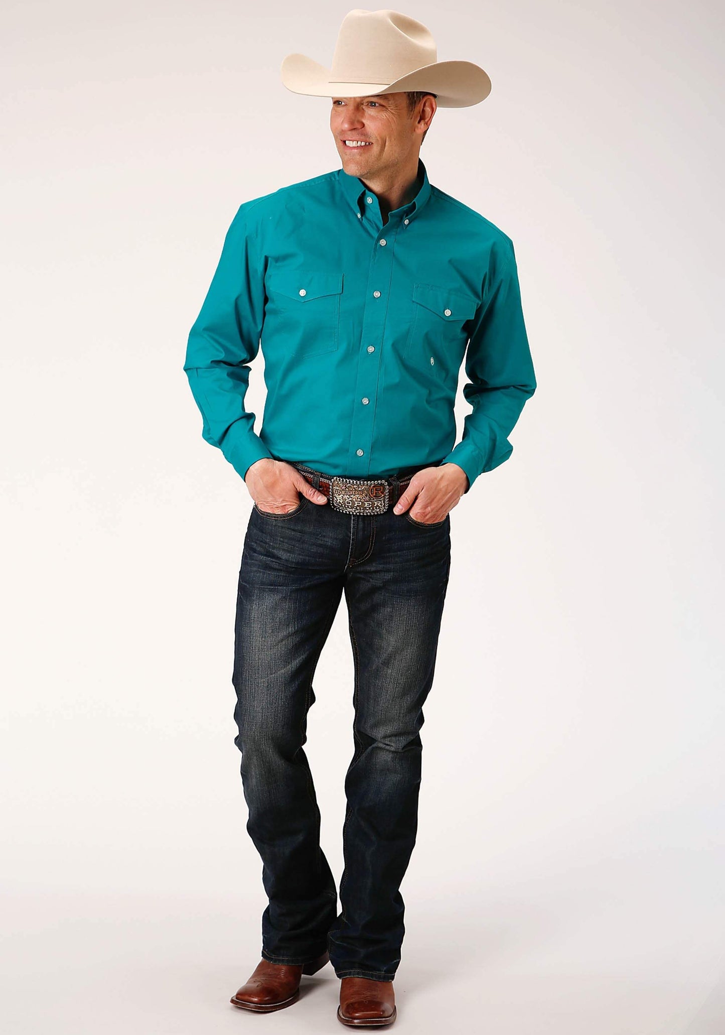 Roper Mens Long Sleeve Button Solid Poplin Stretch Turquoise Western Shirt - Roper - Flyclothing LLC