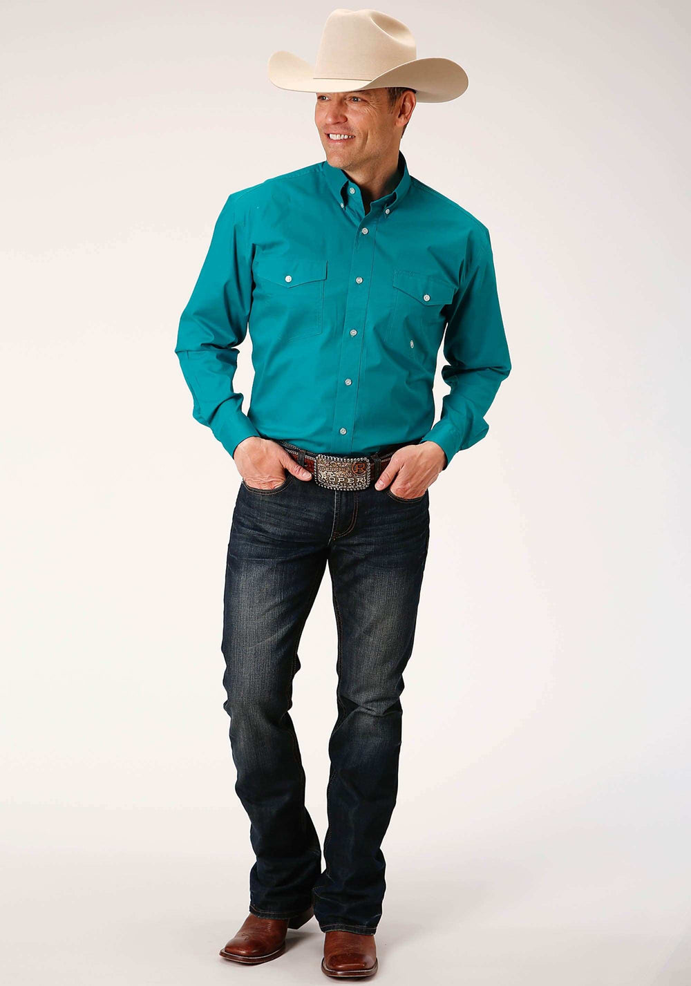 Roper Mens Long Sleeve Button Solid Poplin Stretch Turquoise Western Shirt - Roper - Flyclothing LLC