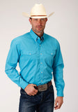 Roper Mens Long Sleeve Button Stretch Poplin Turquoise Western Shirt - Roper