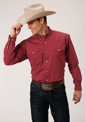 Roper Mens Long Sleeve Button Stretch Poplin Red Western Shirt - Roper