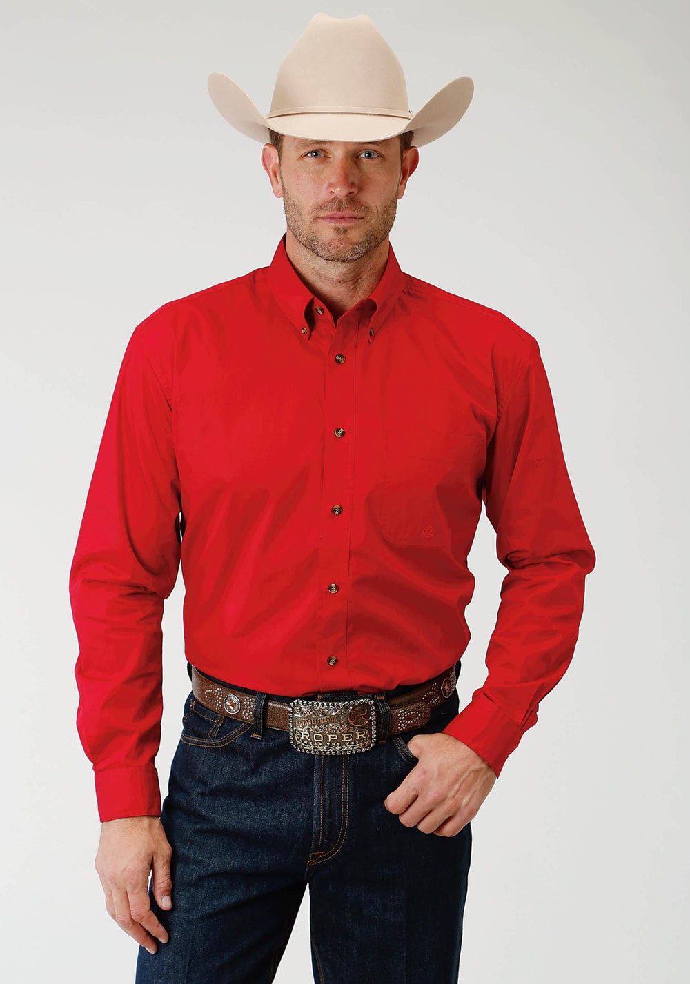 Roper Mens Red Solid Long Sleeve Western Button Shirt - Roper