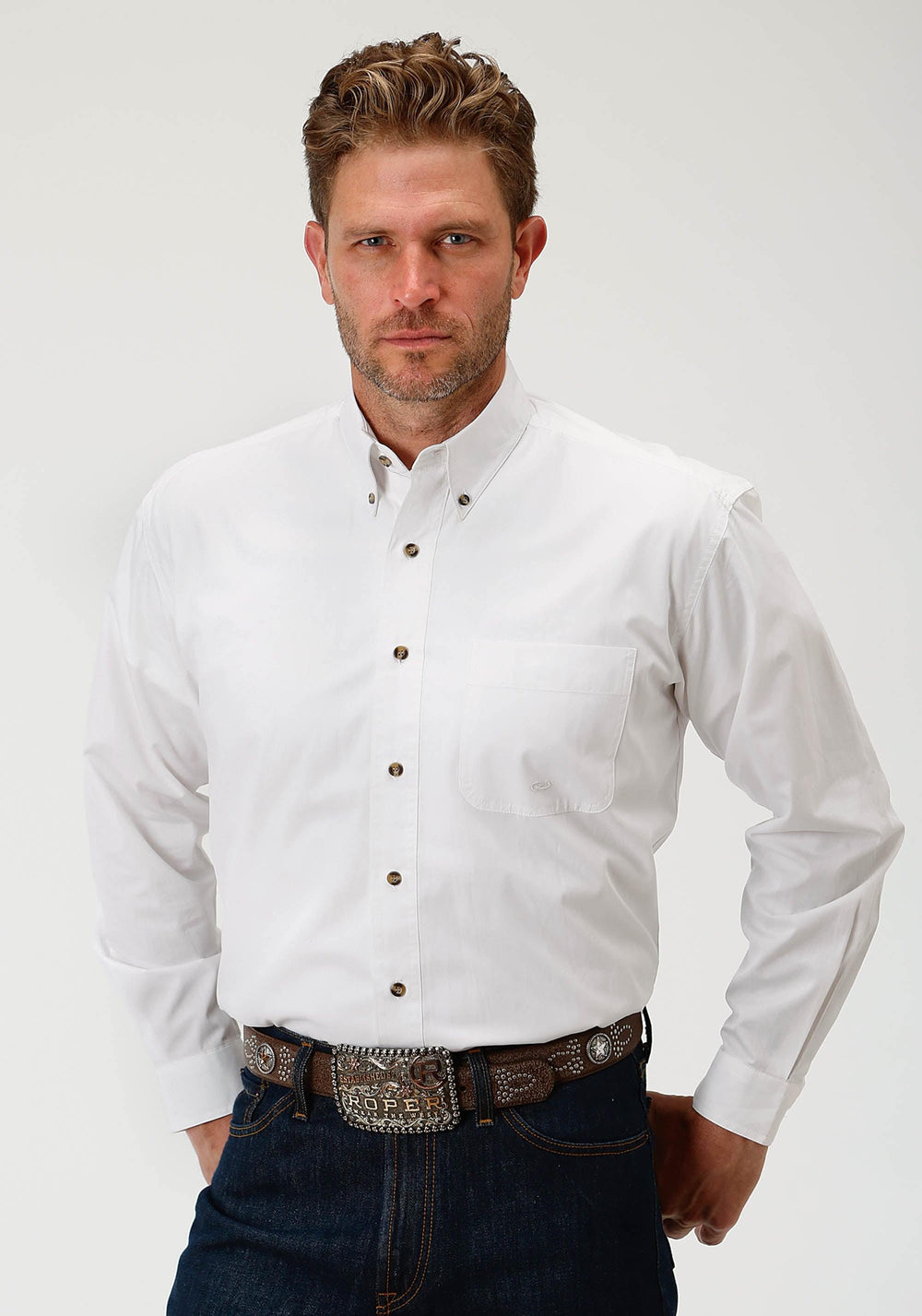 Roper Mens White Solid Long Sleeve Western Button Shirt - Roper
