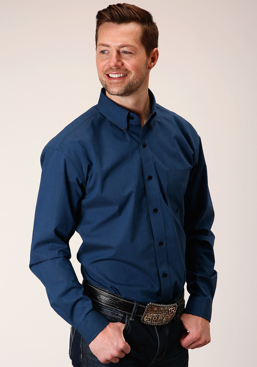 Roper Mens Long Sleeve Button Black Fill Solid Blue Western Shirt - Roper