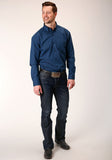 Roper Mens Long Sleeve Button Black Fill Solid Blue Western Shirt - Roper
