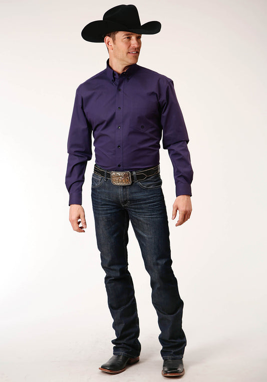 Roper Mens Long Sleeve Button Black Fill Solid Purple Western Shirt