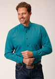 Roper Mens Long Sleeve Button Black Fill Solid Teal Western Shirt - Roper