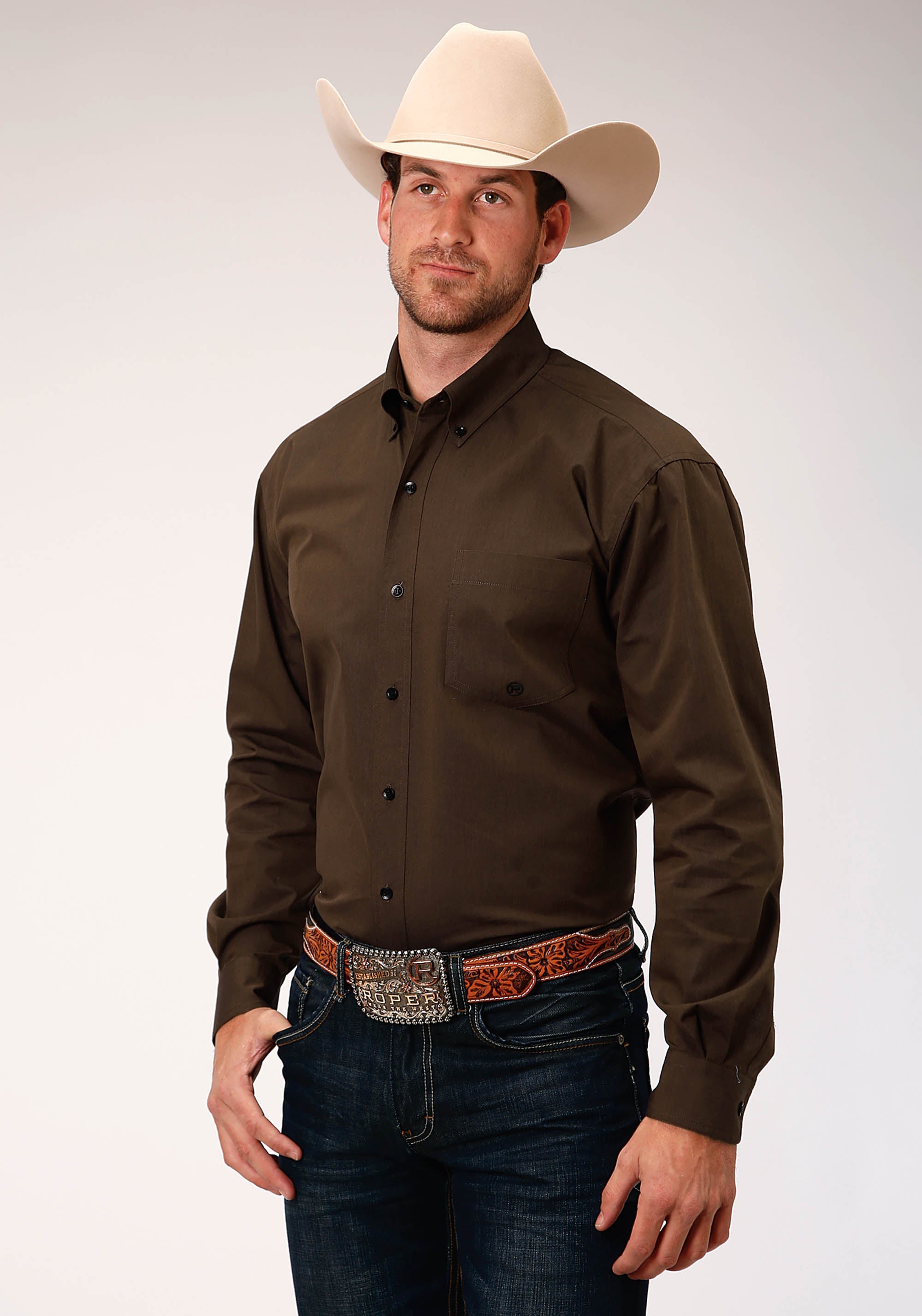 Roper Mens Brown Solid Black Fill Twill  Long Sleeve Button Western Shirt