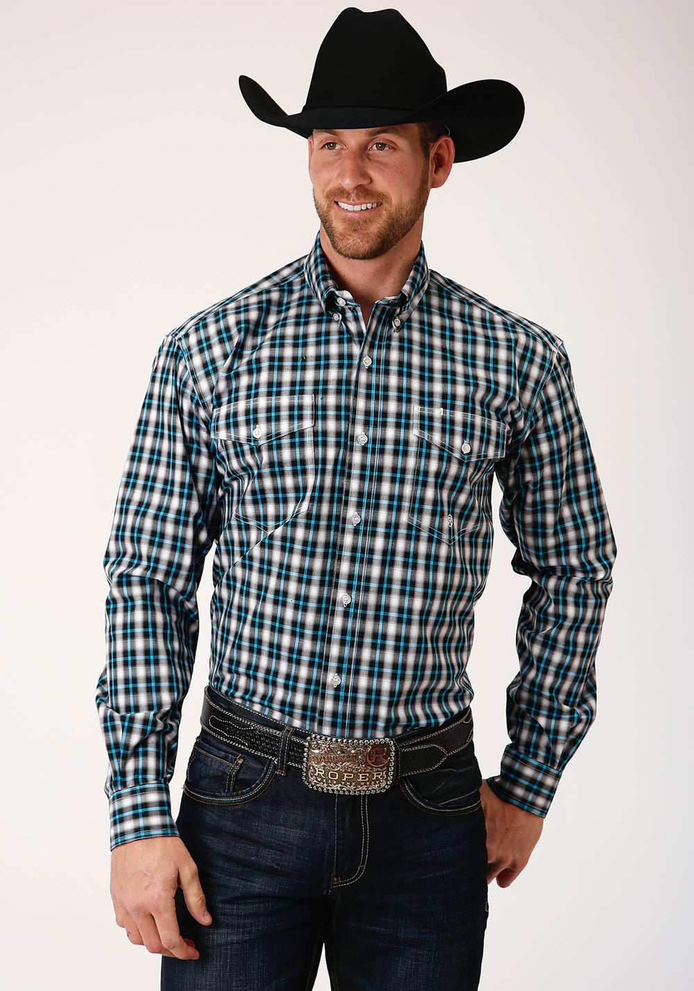 Roper Mens Long Sleeve Button Small Black Ombre Western Shirt - Roper