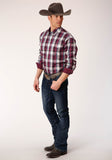 Roper Mens Long Sleeve Button Wine Plaid Western Shirt - Roper