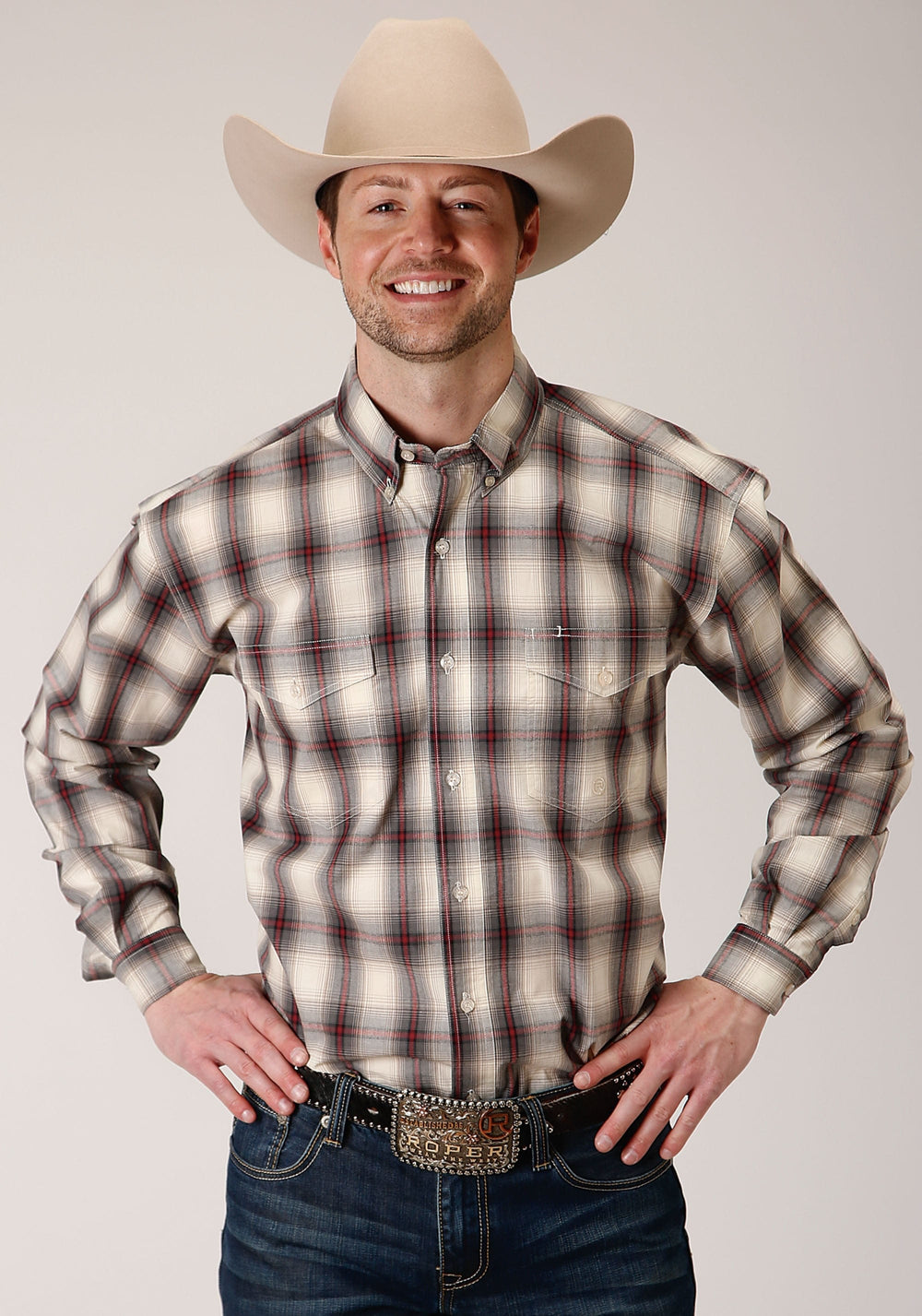 Roper Mens Long Sleeve Button Smoke House Ombre Plaid Western Shirt - Roper