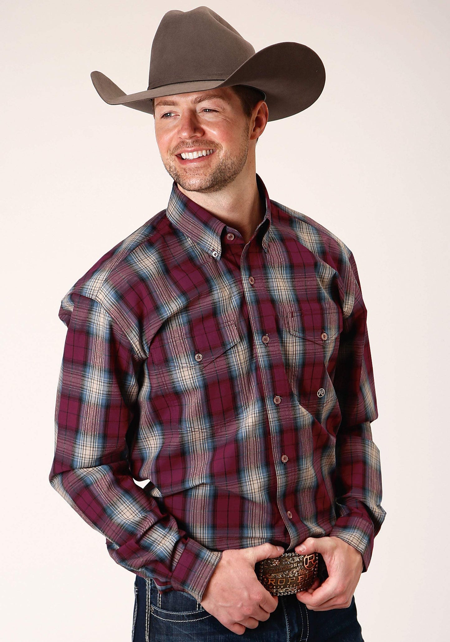 Roper Mens Long Sleeve Button Wine Plaid Western Shirt - Roper - Flyclothing LLC