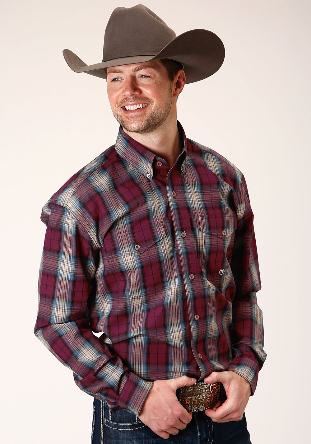 Roper Mens Long Sleeve Button Wine Plaid Western Shirt - Roper