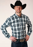 Roper Mens Long Sleeve Button Blue West Plaid Western Shirt - Roper