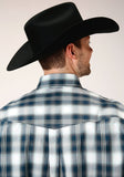 Roper Mens Long Sleeve Button Blue West Plaid Western Shirt - Roper