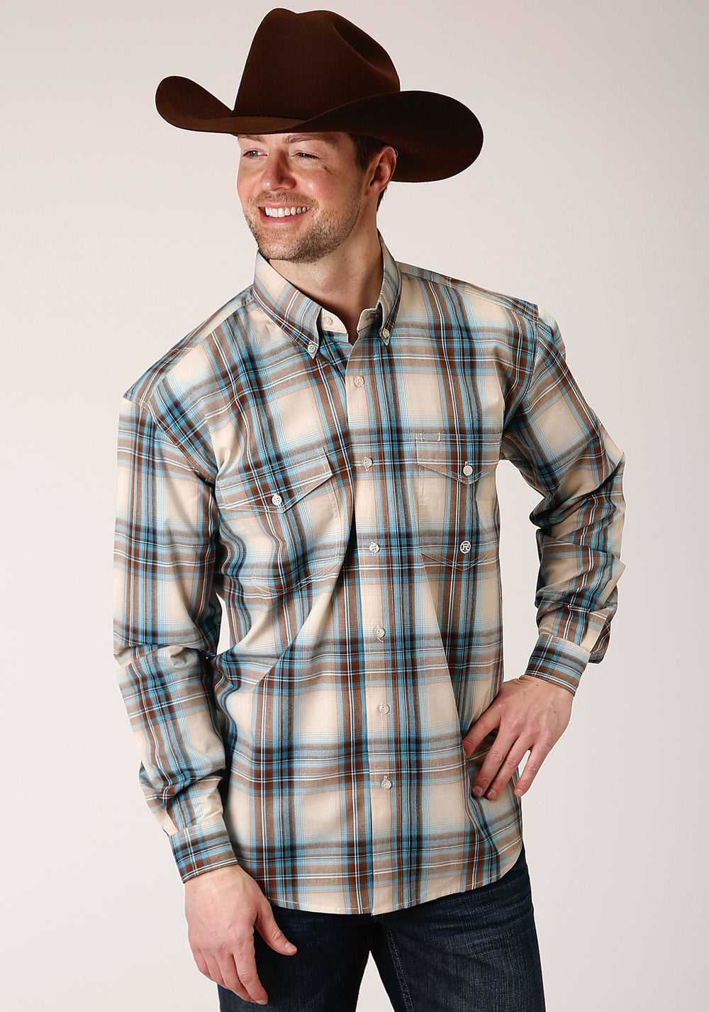 Roper Mens Long Sleeve Button Cocao Plaid Western Shirt - Roper