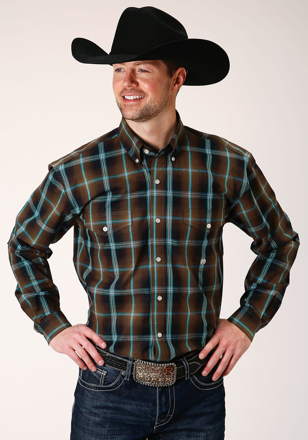 Roper Mens Long Sleeve Button Dark Chocolate Plaid Western Shirt - Roper