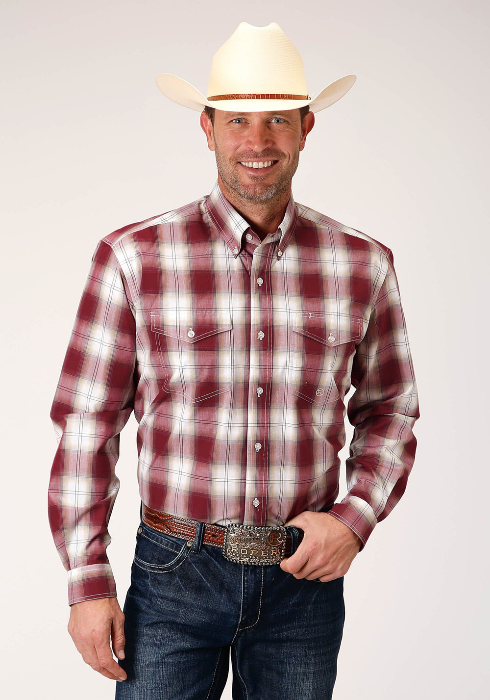 Roper Mens Long Sleeve Button Red Ombre Western Shirt - Roper
