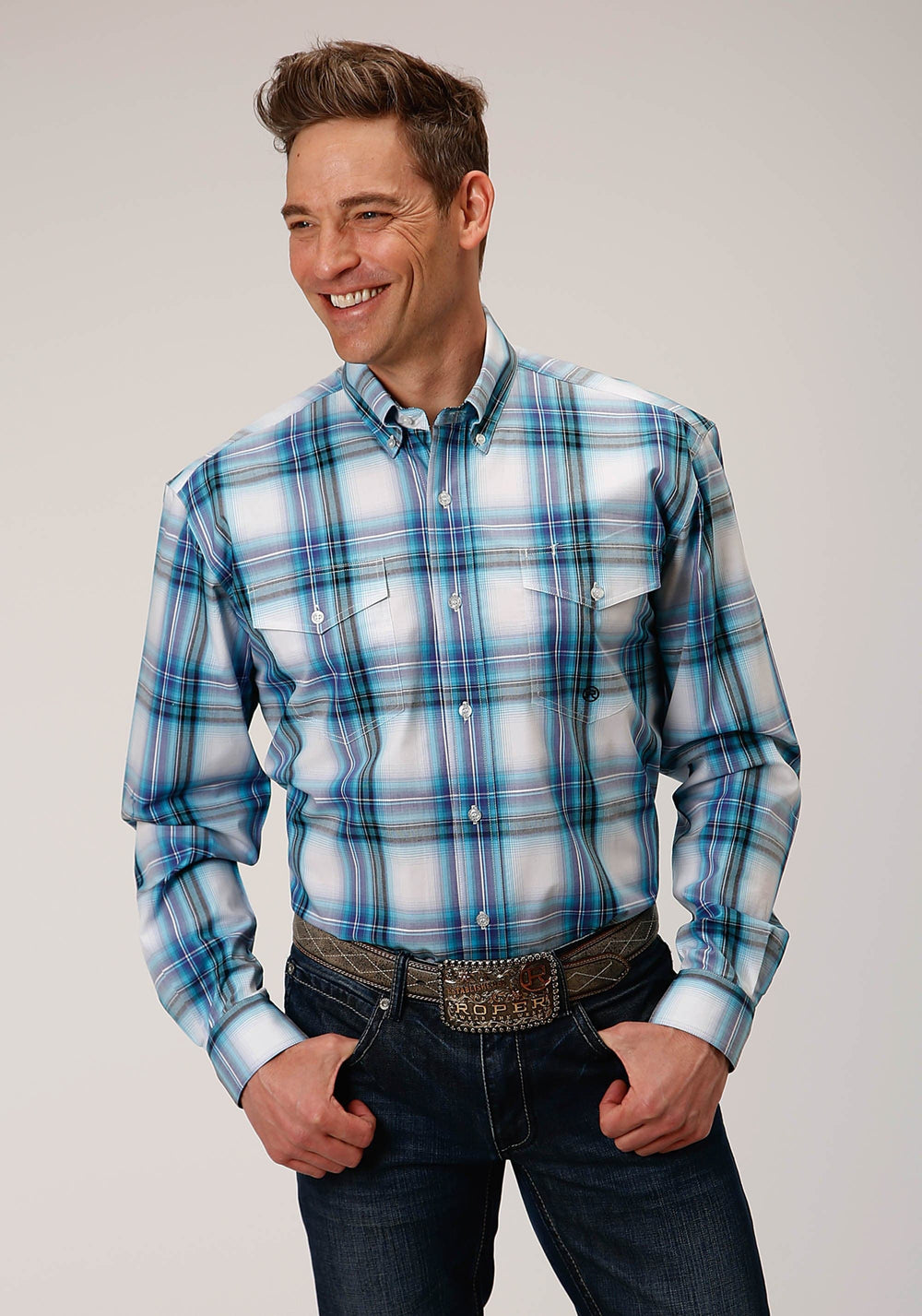 Roper Mens Long Sleeve Button Clear Sky Plaid Western Shirt - Roper