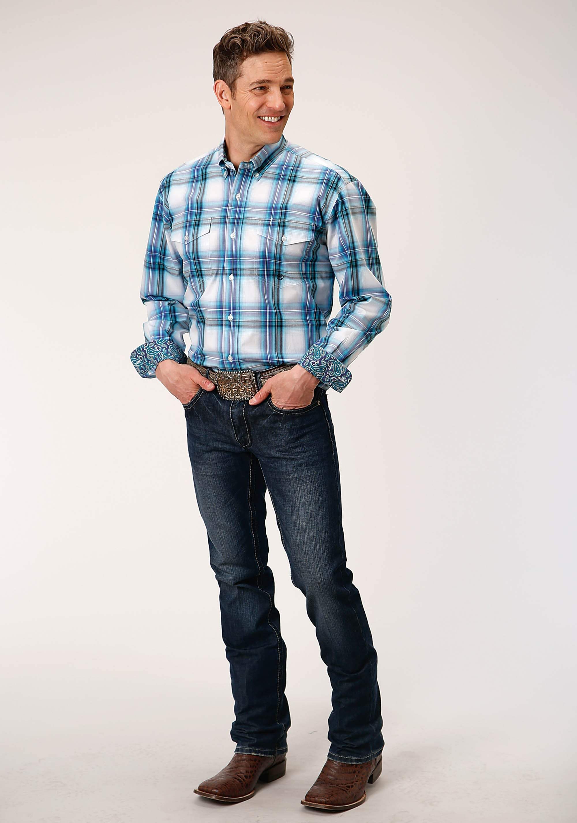 Roper Mens Long Sleeve Button Clear Sky Plaid Western Shirt - Roper - Flyclothing LLC