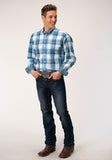 Roper Mens Long Sleeve Button Clear Sky Plaid Western Shirt - Roper