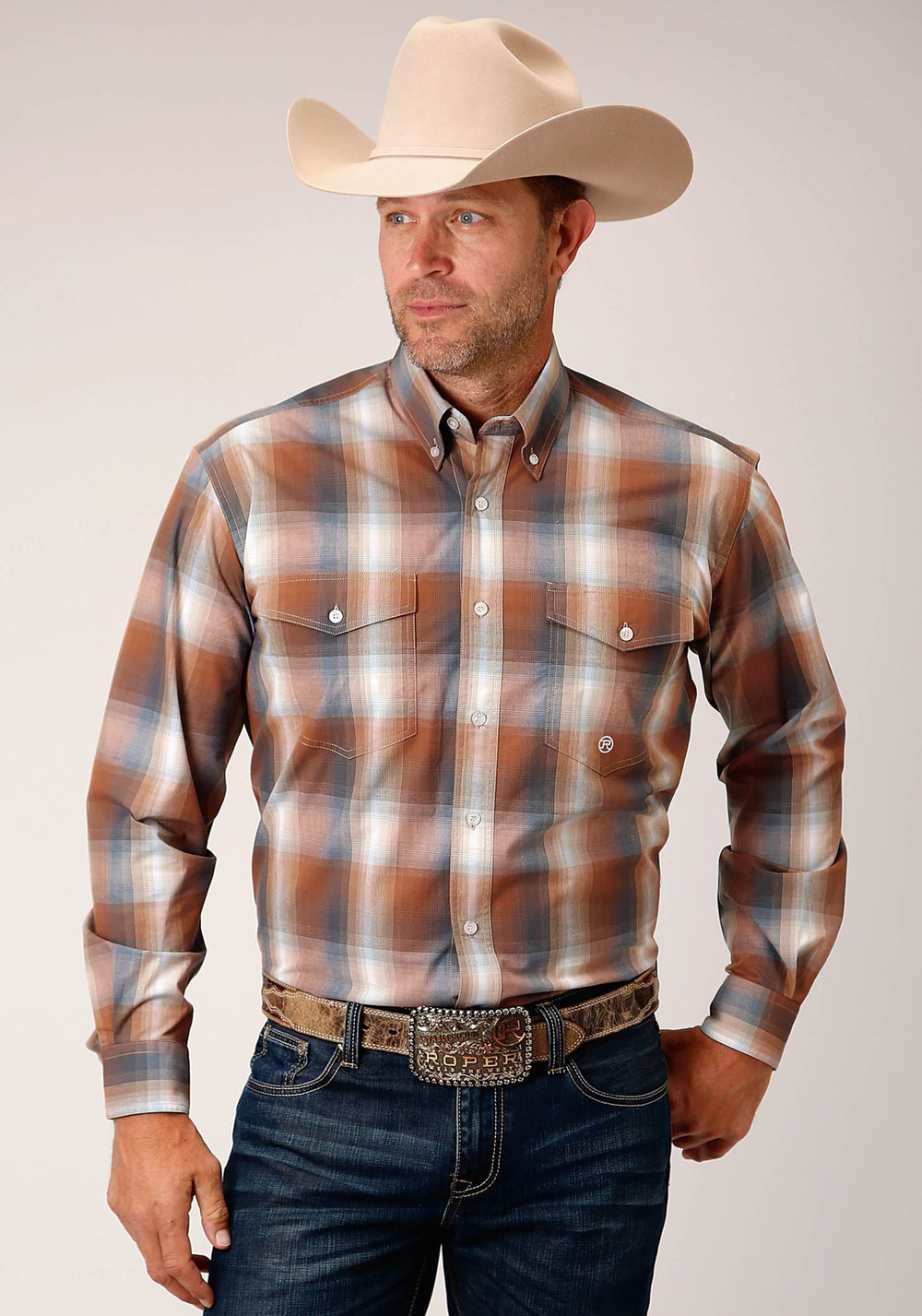 Roper Mens Long Sleeve Button Copper Ombre Plaid Western Shirt - Roper