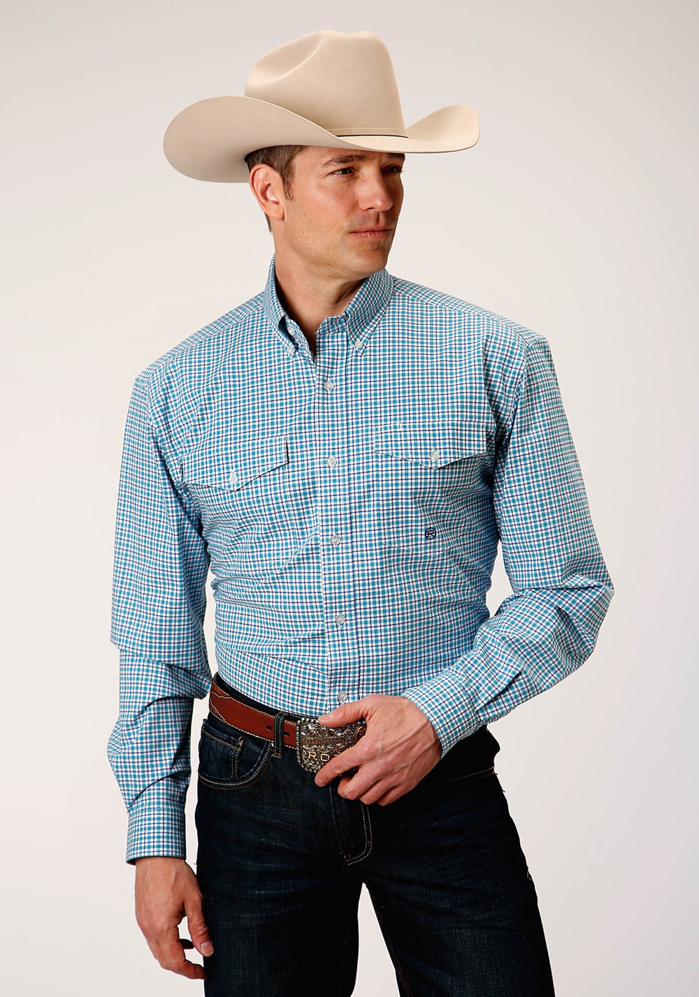 Roper Mens Long Sleeve Button Stretch Check Western Shirt - Roper