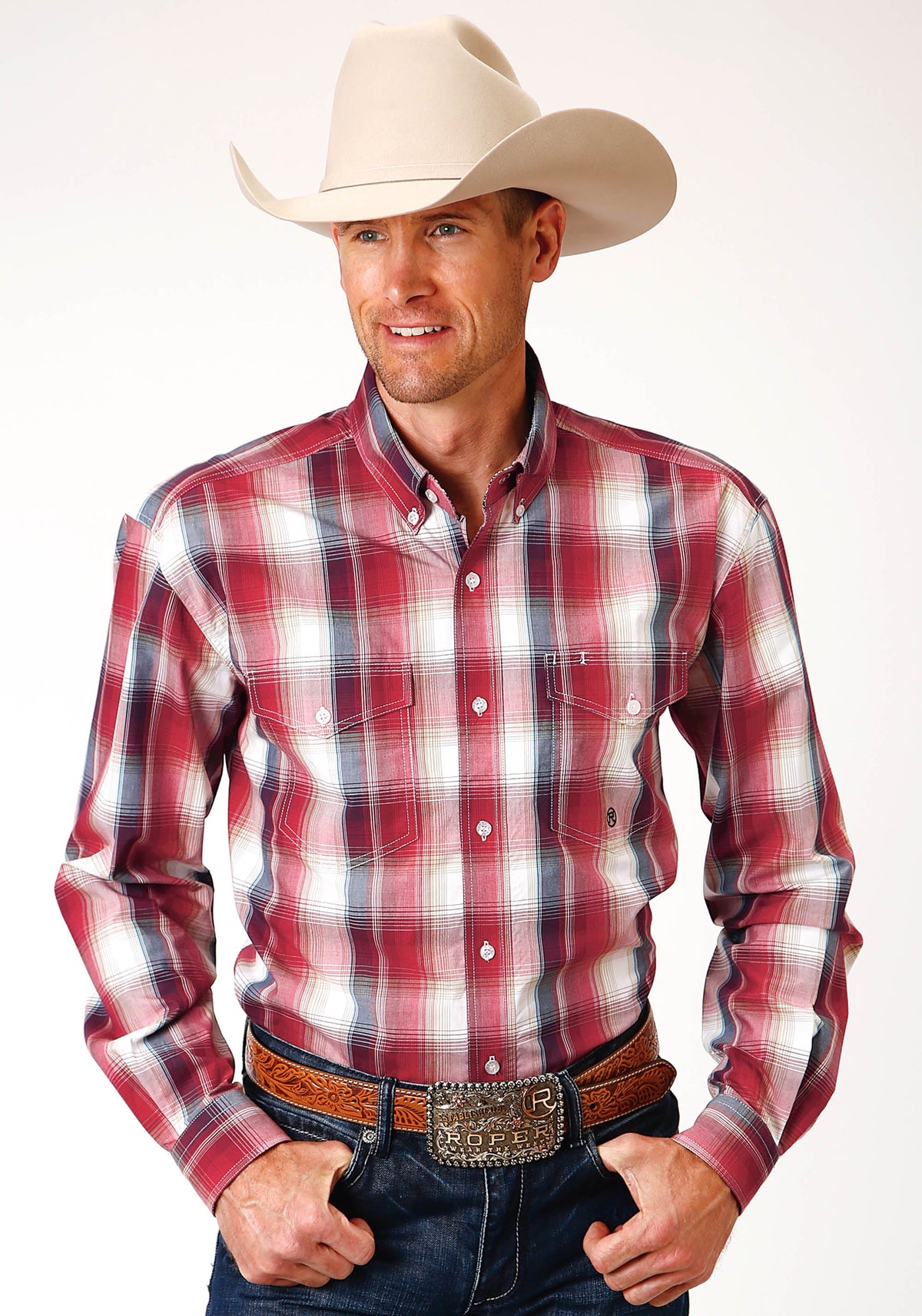 Roper Mens Long Sleeve Button Red Apple Plaid Western Shirt