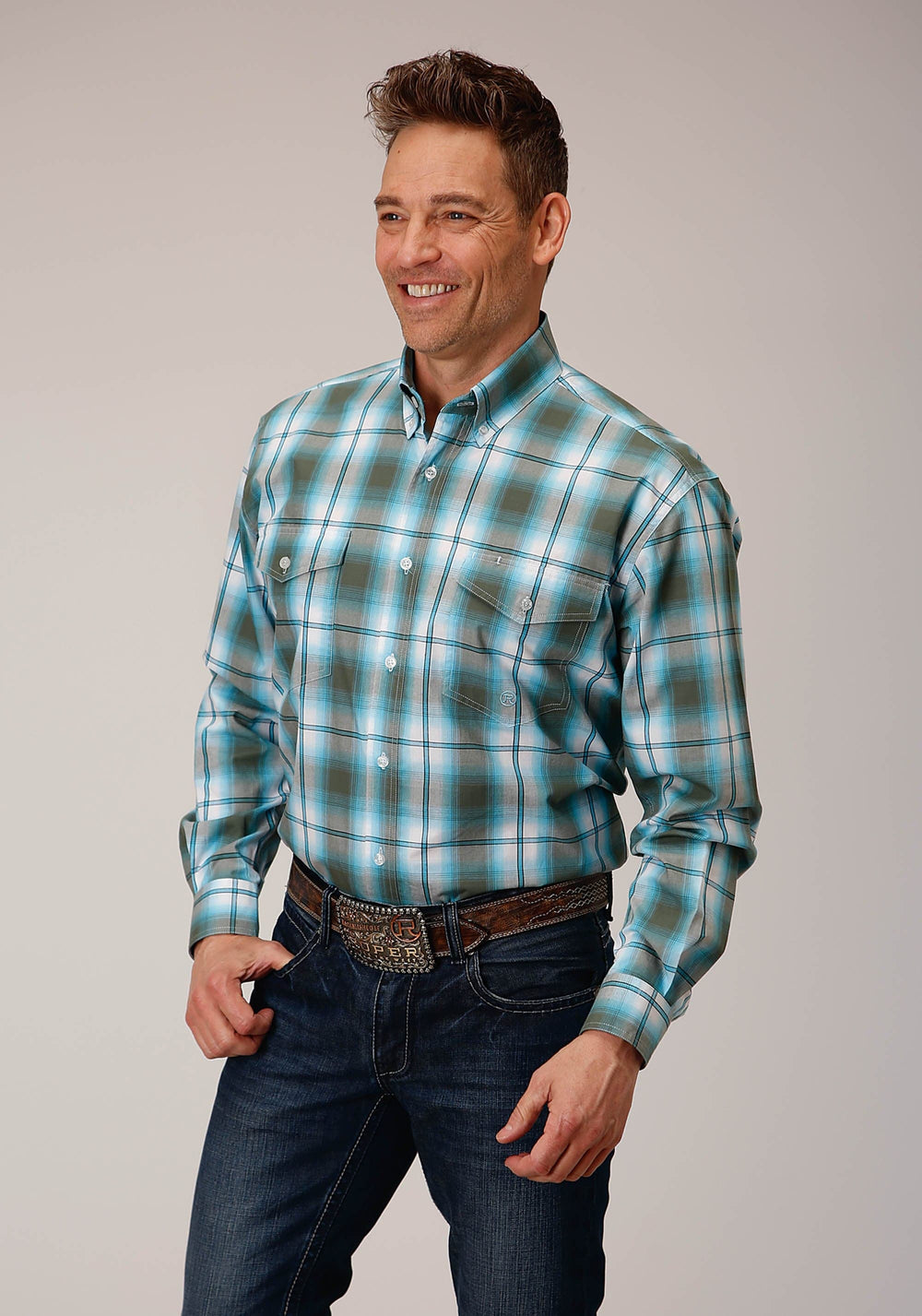 Roper Mens Long Sleeve Button Meadow Plaid Western Shirt - Roper