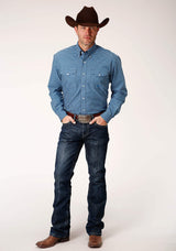 Roper Mens Long Sleeve Button Blue Oxford Check Western Shirt - Roper - Flyclothing LLC