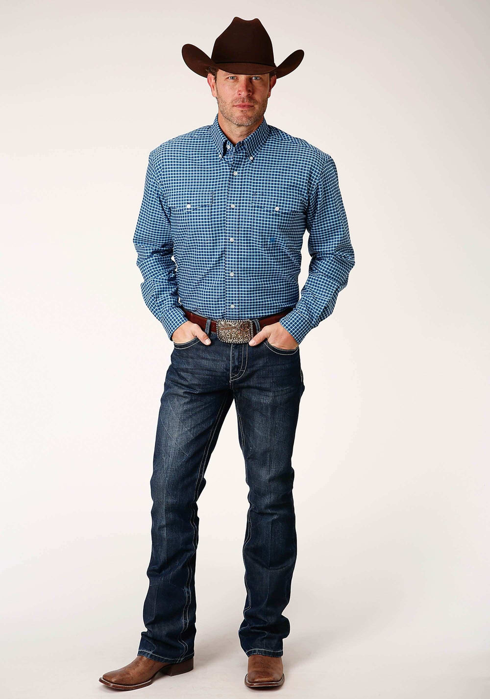 Roper Mens Long Sleeve Button Blue Oxford Check Western Shirt - Roper - Flyclothing LLC