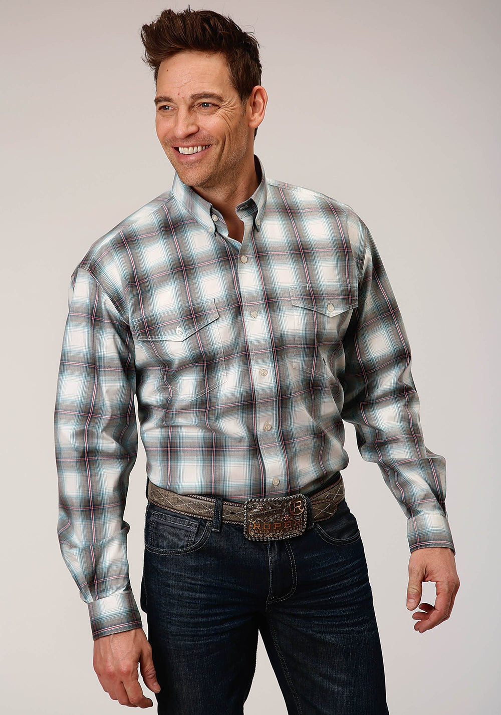 Roper Mens Long Sleeve Button Olive Stretch Plaid Western Shirt - Roper