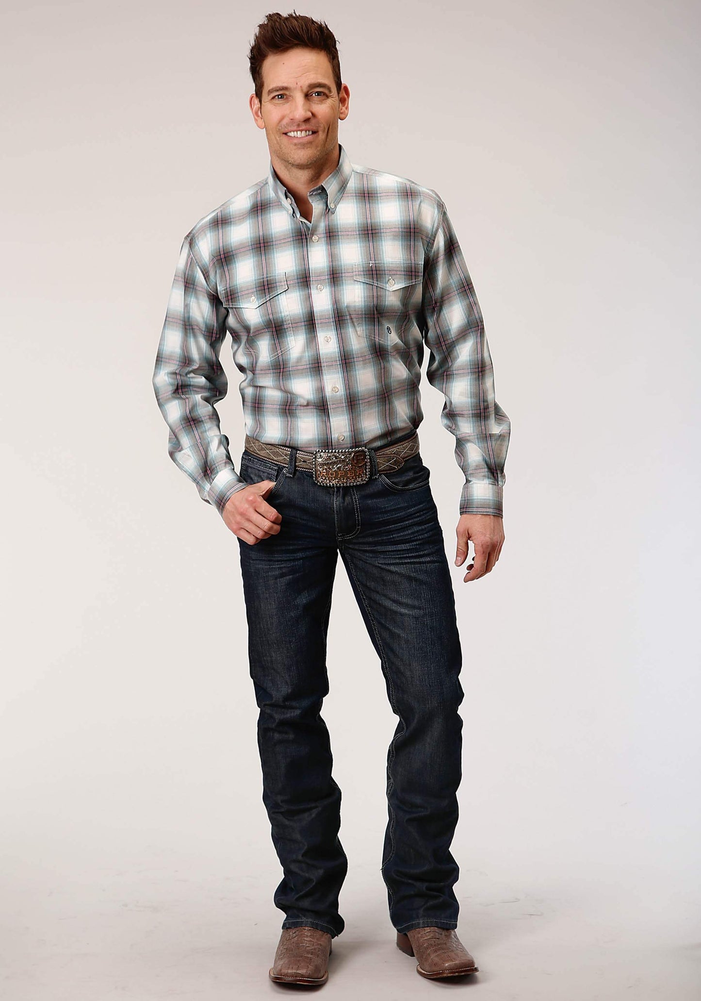 Roper Mens Long Sleeve Button Olive Stretch Plaid Western Shirt - Roper - Flyclothing LLC