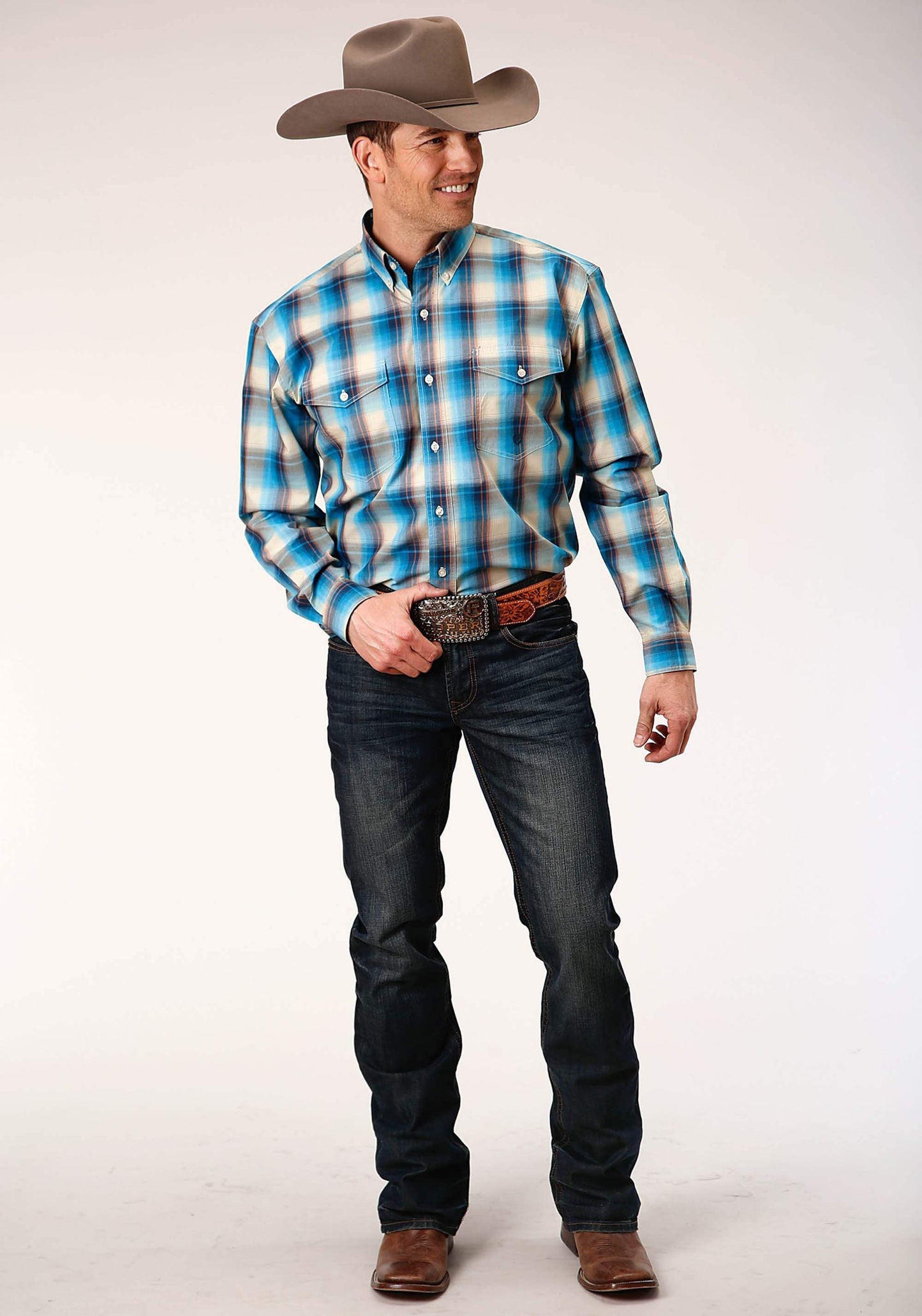 Roper Mens Long Sleeve Button Sunset Plaid Western Shirt - Roper - Flyclothing LLC
