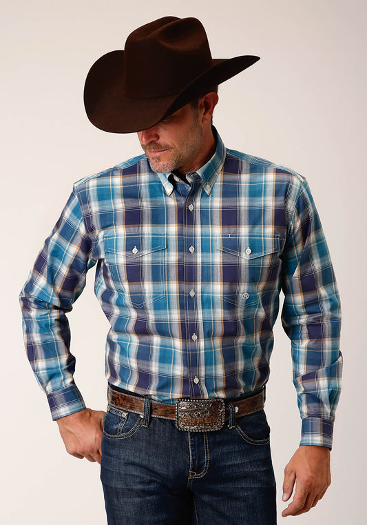Roper Mens Long Sleeve Button Blueberry Plaid Western Shirt - Roper