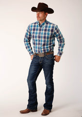 Roper Mens Long Sleeve Button Blueberry Plaid Western Shirt