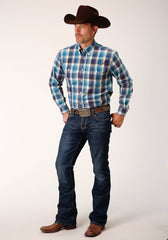 Roper Mens Long Sleeve Button Blueberry Plaid Western Shirt - Roper
