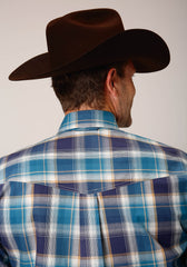 Roper Mens Long Sleeve Button Blueberry Plaid Western Shirt - Roper