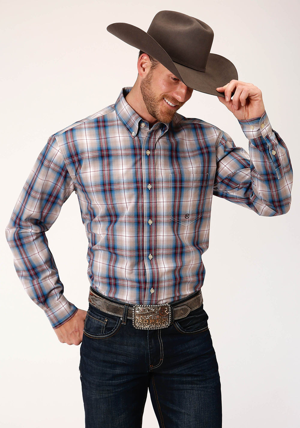 Roper Mens Long Sleeve Button Vintage Plaid Western Shirt - Roper