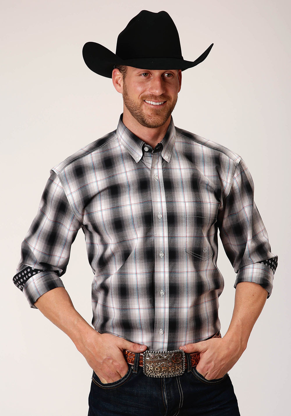 Roper Mens Long Sleeve Button Black Hills Plaid Western Shirt - Roper