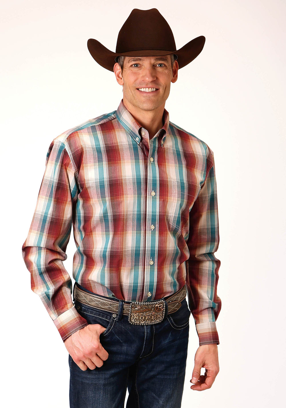 Roper Mens Long Sleeve Button Canyon Plaid Western Shirt - Roper